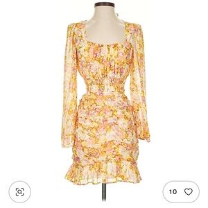 Astr Yellow and Pink Floral Rouche Mini Dress with Sleeves